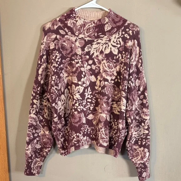 LC Lauren Conrad Floral Mock Neck Pullover Sweater in Wine Color Size Large - Picture 2 of 9